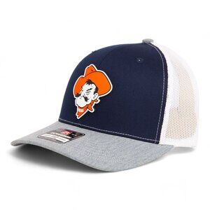 OSU Cowboys Pistol Pete Snapback Trucker Hat- Navy/ White/ Heather Grey